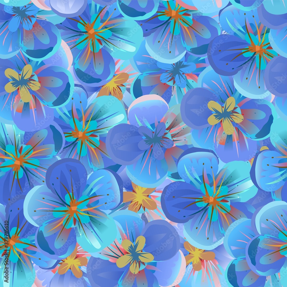 Bright blue flowers close-up. Background. Seamless.
