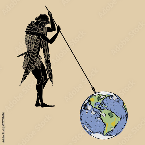 Ancient Greek warrior piercing planet Earth with his spear. Creative environmental concept. Man ruining nature.