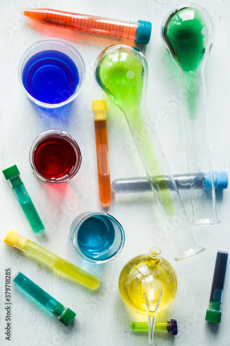 Wallpaper Mural Laboratory instruments, glassware and reagents, colorful liquid chemical elements Torontodigital.ca