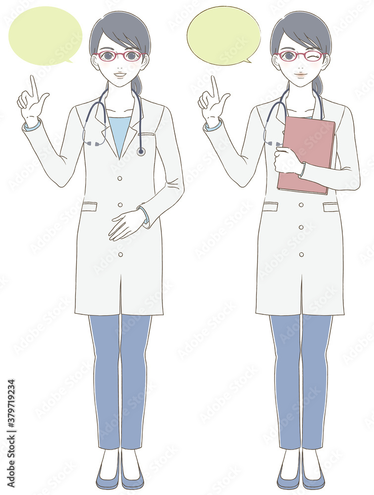 医療・医者手描き風　白衣を着てメガネをかけた女性医師の全身イラストセット