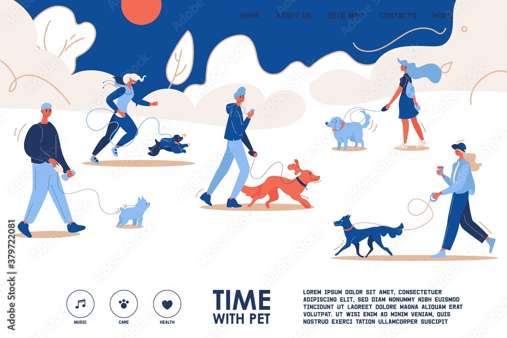 Human walking with dog in the park landing page template. Lovely characters with puppies running, jogging and enjoying friendship. Web page header Human walking with dog in the park landing page template. Lovely characters with puppies running, jogging and enjoying friendship. Web page header