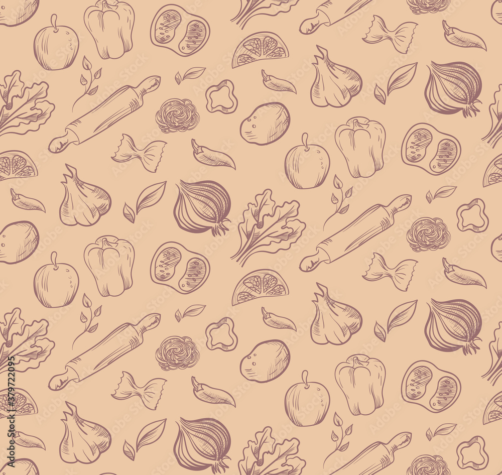 seamless pattern for international chef's day. Images of hand-drawn vintage different vegetables and fruits. Ideal for textiles, covers. EPS10