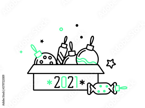 Box with Christmas Toys labeled 2021. Vector illustration for web and print. Line-art. Icon. 