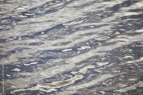 Silver surface of calm water with golden highlights and bright reflections close-up. Bright sun glare and beautiful glowing ripples on water surface close-up. Glowing waves on the water. Abstractions.
