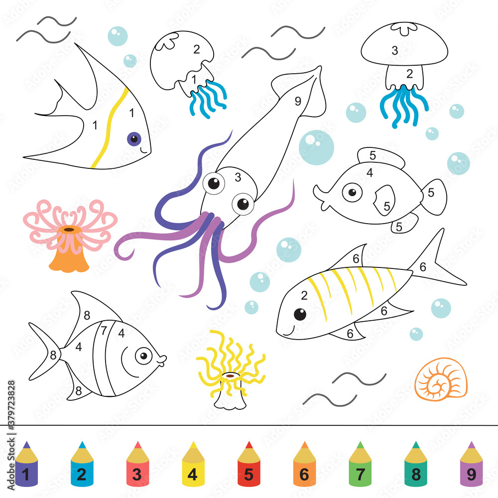 Squid, tropical fish, jellyfish. Coloring book for children. Mini-game coloring by numbers.