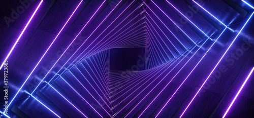 Fototapeta Naklejka Na Ścianę i Meble -  Neon Glowing Vibrant Blue Purple Fluorescent Spiral Laser Electric Light Tubes Tunnel Corridor Sci Fi Futuristic Gaming Empty Showcase Background 3D Rendering