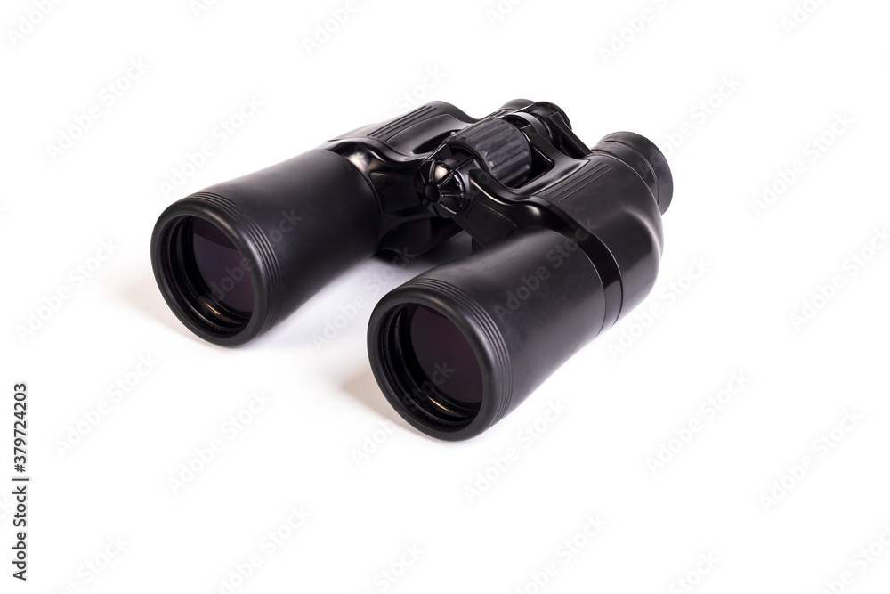 modern binoculars in black on a white background. Lenses forward. Close-up. There is no isolation modern binoculars in black on a white background. Lenses forward. Close-up. There is no isolation