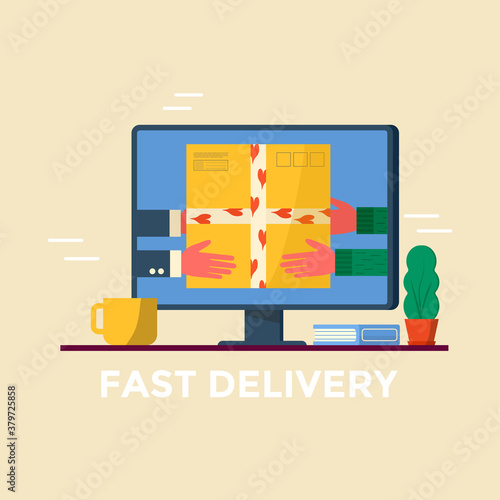 Courier  holding in hand parcel ready for fast delivery to the recipient on computer screen. Online delivery service concept. Vector illustration for web page with postal parcel, pack, box