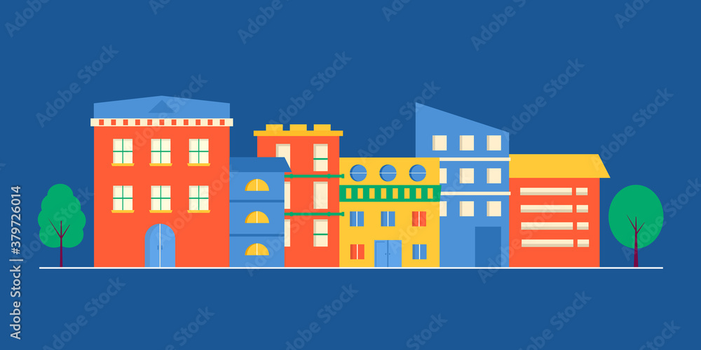Landscape of Small modern houses facade with window, garage, balcony and roof. Exterior of building apartment with trees. Vector cityscape illustration. simple background in geometric style