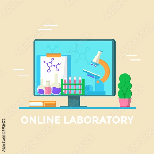 Online laboratory concept. Medical test and microscope on compute screen. Vector banner for landing page