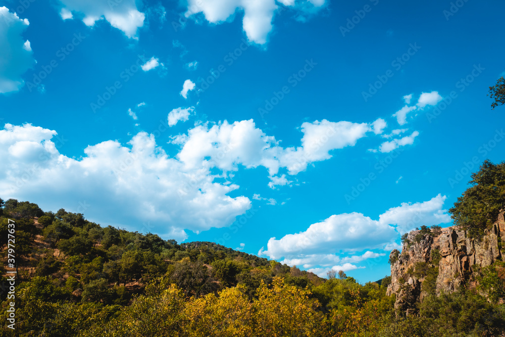 Blue sky with clouds over the mountain with green forest on a sunny day.