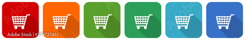 Shopping cart, shop, trolley icon set, flat design vector illustration in 6 colors options for webdesign and mobile applications