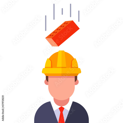 a brick falls on the head of a man in a helmet. flat vector character illustration.