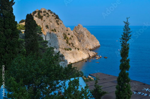 top view of stone rock cliff on shore of Black Sea bay, blue water, summer, green forest, trees in the foreground, sunlight