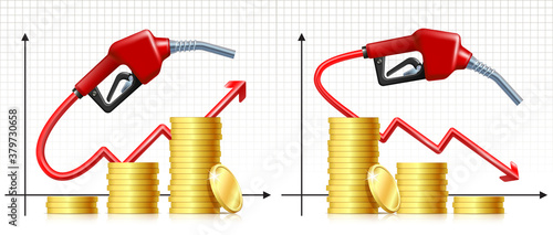 Fuel handle pump nozzle with hose like price rises and falling graph and stack of gold coins.