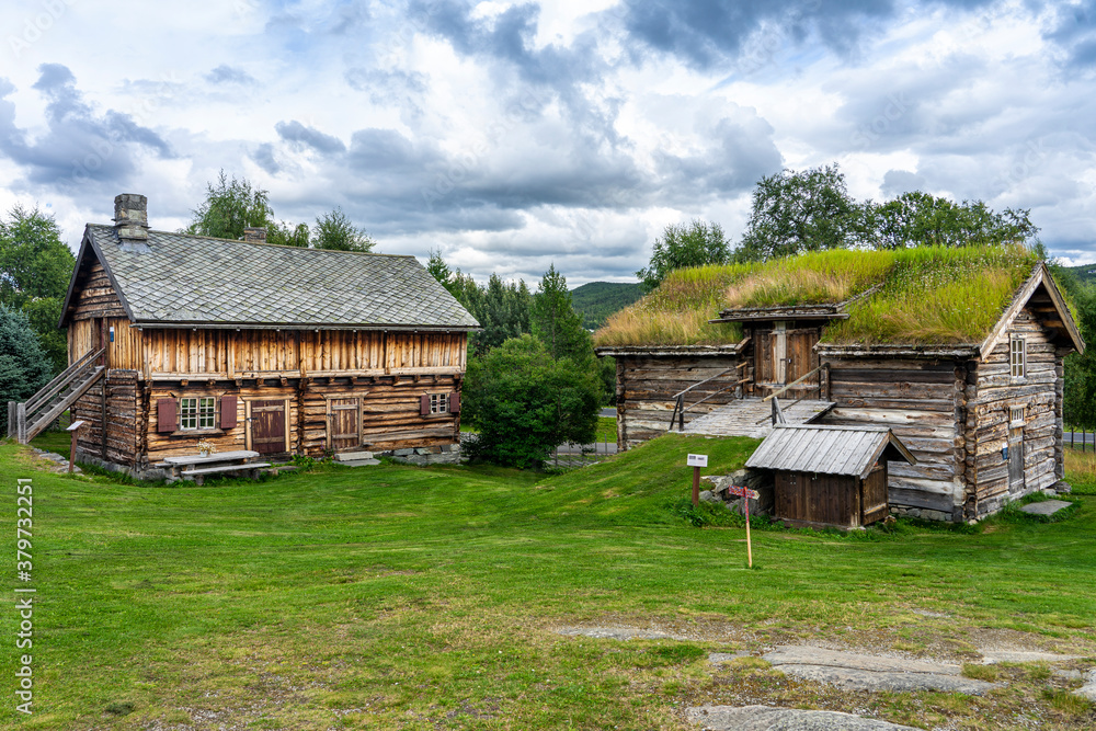 Traditionelle Holzhäuser mit grünem Bewuchs in der Stadt Geilo in Südnorwegen Traditionelle Holzhäuser mit grünem Bewuchs in der Stadt Geilo in Südnorwegen