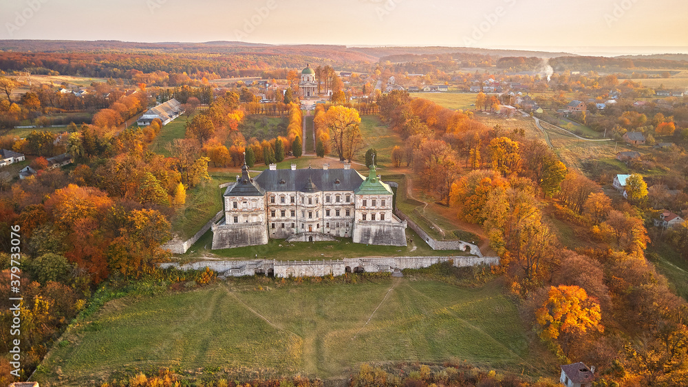 Aerial view of Pidhirtsi Castle, Ukraine. Colorful fall scene