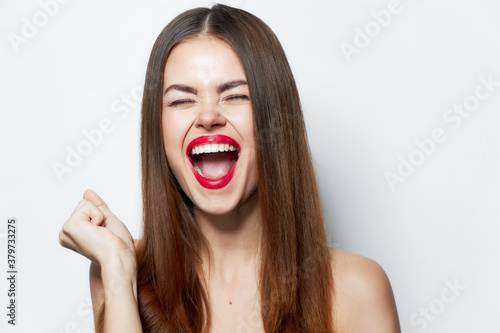 Attractive woman Mouth wide open smile emotion clear skin Copy space
