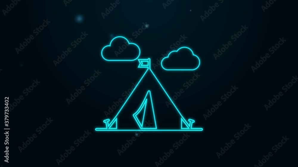 Glowing neon line Tourist tent with flag icon isolated on black background. Camping symbol. 4K Video motion graphic animation Glowing neon line Tourist tent with flag icon isolated on black background. Camping symbol. 4K Video motion graphic animation