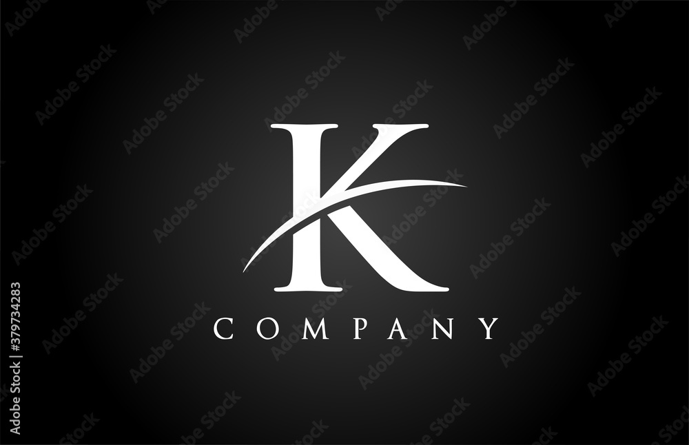 black white K alphabet letter logo icon for company. Simple swoosh design for corporate and business