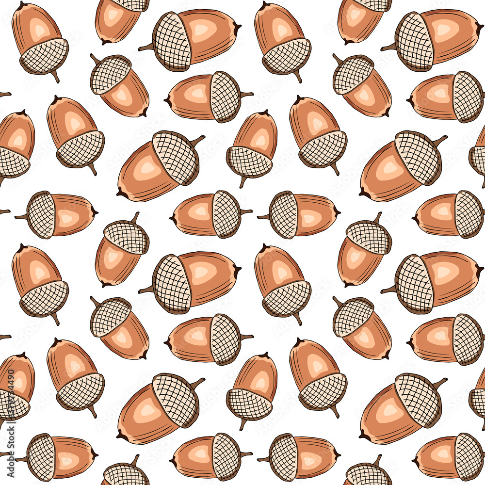 Autumn seamless pattern with hand-drawn forest acorns. It can be used as background, print, textile design, notebooks, phone cases, packaging paper, and more. Vector illustration in vintage style Autumn seamless pattern with hand-drawn forest acorns. It can be used as background, print, textile design, notebooks, phone cases, packaging paper, and more. Vector illustration in vintage style