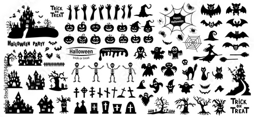 Set of silhouettes of Halloween on a white background. Vector illustration.
