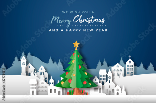 Christmas new year papercut city pine tree card
