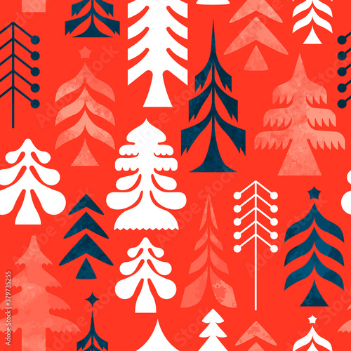 Christmas folk retro pine tree seamless pattern
