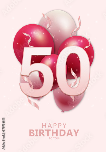 Happy 50th birthday with realistic red and rosegold balloons on light rose background. Set for Birthday, Anniversary, Celebration Party. Vector stock.
