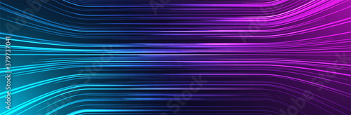 Wide futuristic background. Abstract line pattern. Pink and blue color. Dark vector banner template. Internet or communication concept. Many horizontal lines. 3d effect