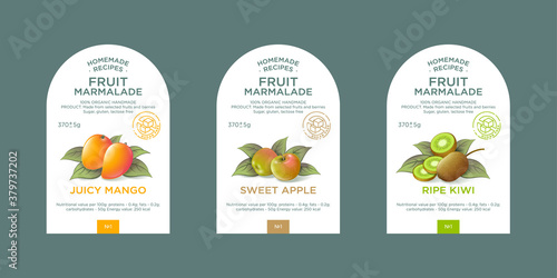 Set of 3 labels, packaging of fruit marmalade. Nature organic product. Text with realistic fruits and leaves on white base. 