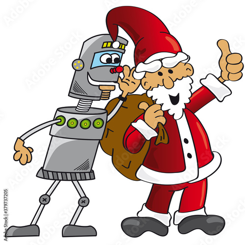 Roboter flüstert Weihnachtsmann ins Ohr Weihnachtsmann zeigt Daumen hoch | cartoon-IT