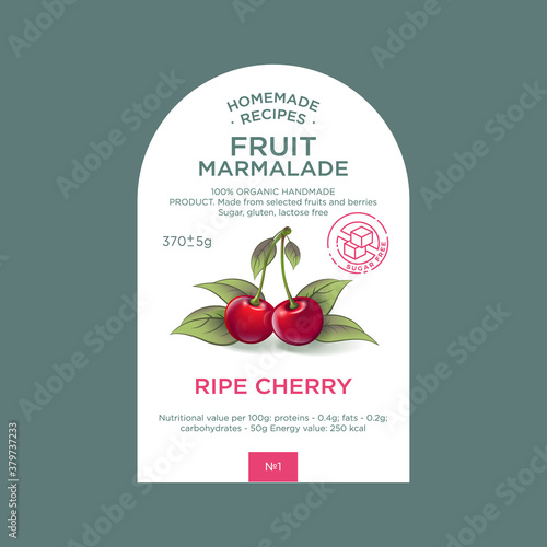 Label and packaging of cherry marmalade. Nature organic product. Text with realistic fruits and leaves on white base. 