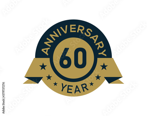 Gold 60 years anniversary badge with banner image, Anniversary logo with golden isolated on white background