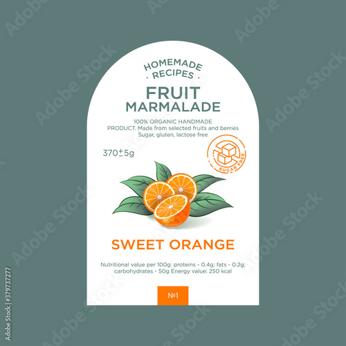 Label and packaging of orange marmalade. Nature organic product. Text with realistic fruits and leaves on white base. 