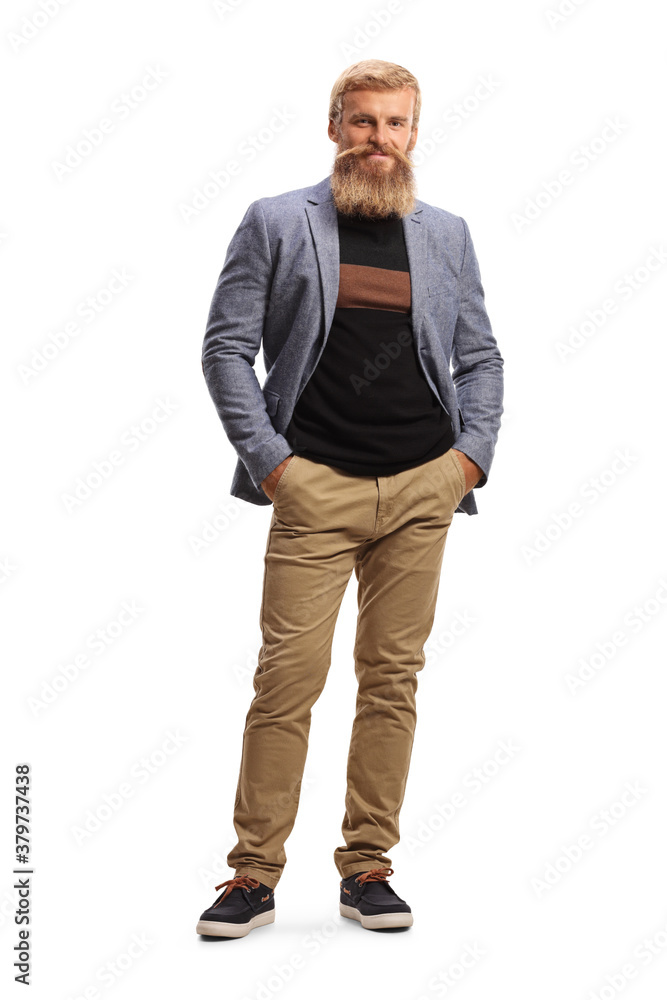 Full length portrait of a bearded guy with mustache posing Full length portrait of a bearded guy with mustache posing
