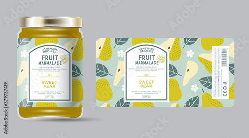 Label and packaging of pear marmalade. Jar with label. Text in frame with stamp (sugar free) on seamless pattern with fruits, flowers and leaves.