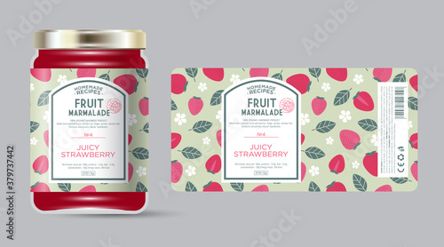 Label and packaging of strawberry marmalade. Jar with label. Text in frame with stamp (sugar free) on seamless pattern with berries, flowers and leaves.