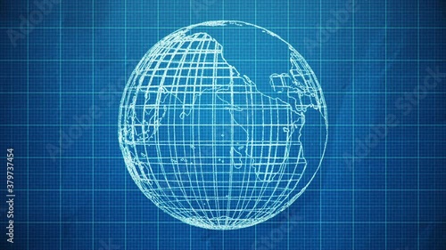 Abstract background with animation of blueprint drawing earth globes. Animation of seamless loop.