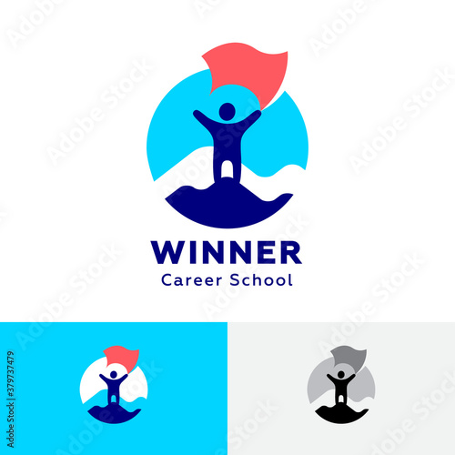 The Winner icon. HR agency logo. Career school logo. The person climbed the mountain. Man with a flag on the mountain. Victory! 