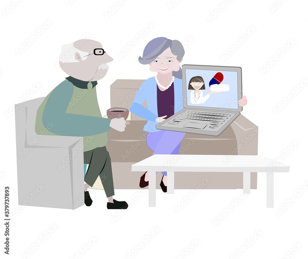 Vector illustration online Health and medical service concept. Senior couple stay home and call medical doctor via telemedicine service to ask for medical advise using laptop. Cartoon flat style . Vector illustration online Health and medical service concept. Senior couple stay home and call medical doctor via telemedicine service to ask for medical advise using laptop. Cartoon flat style .