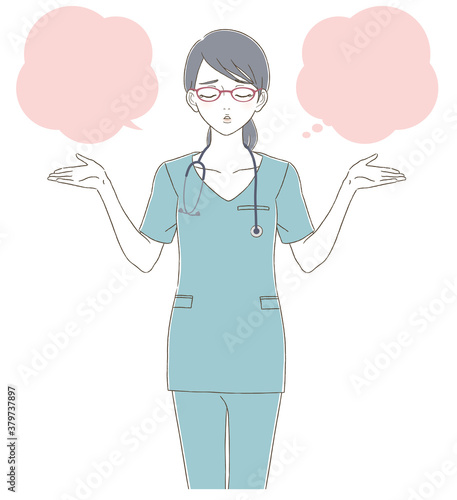 Medical / doctor hand-painted style full-body illustration set of a female doctor wearing blue scrub and glasses