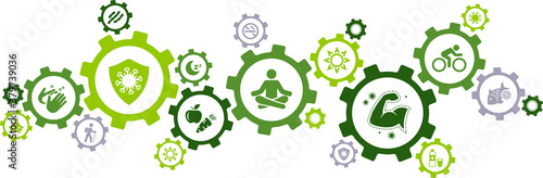 Immune system vector illustration. Concept with connected icons related to immunity against disease and virus infections, healthy lifestyle, prevention and defense against illnesses.