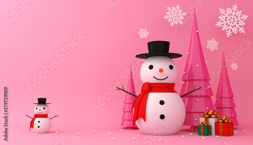Snowman, christmas tree and gift box 3d rendering. © Thanasantipan