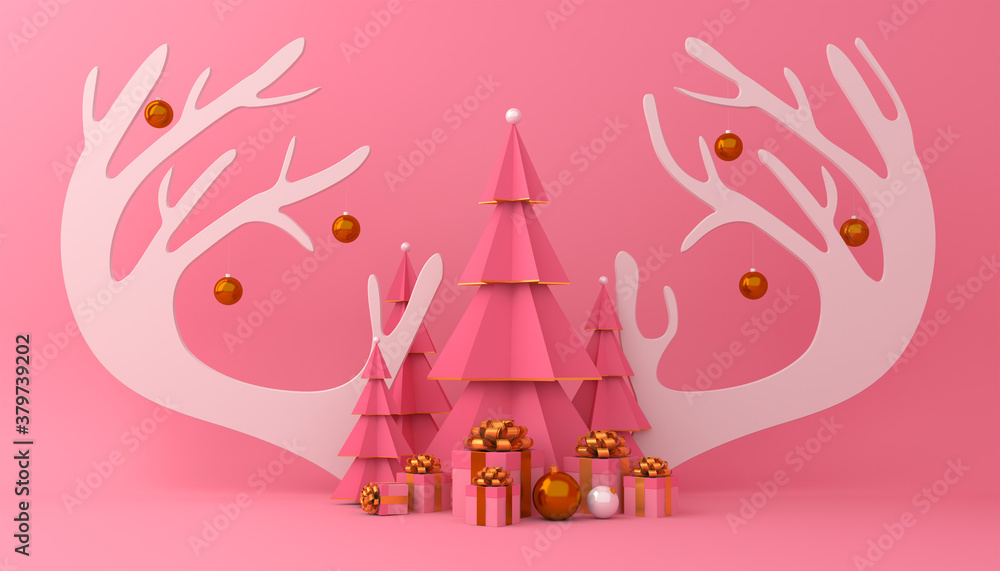 Christmas tree and gift box 3d rendering.