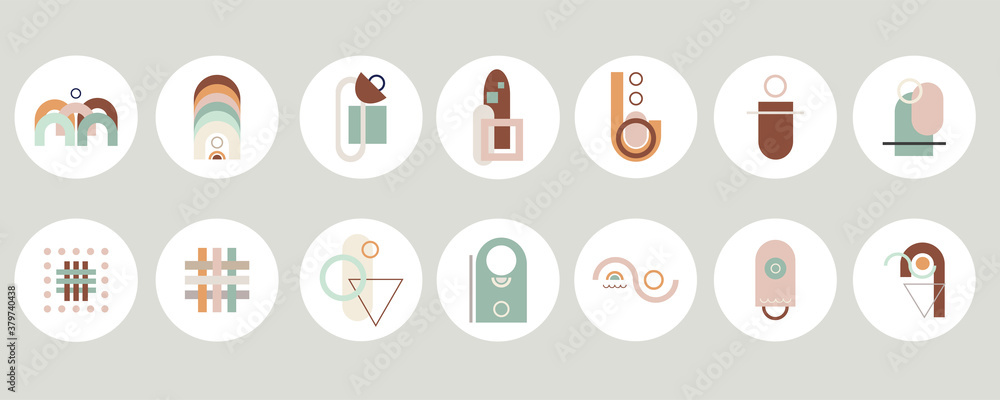 Set of various abstract geometric cover highlights for social media content. Round modern icons. Circles, arches, straight lines. Design of logos, business cards, brand books, stationery and prints. Set of various abstract geometric cover highlights for social media content. Round modern icons. Circles, arches, straight lines. Design of logos, business cards, brand books, stationery and prints.