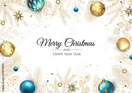 Merry Christmas and Happy New Year Holiday white banner illustration. Xmas design with realistic vector 3d objects, golden christmass ball, snowflake, glitter gold confetti.