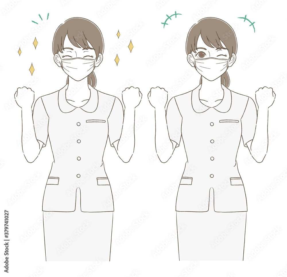 医療・美容 手描き風 制服を着てマスクを付けた女性の上半身イラスト表情セット 医療・美容 手描き風 制服を着てマスクを付けた女性の上半身イラスト表情セット