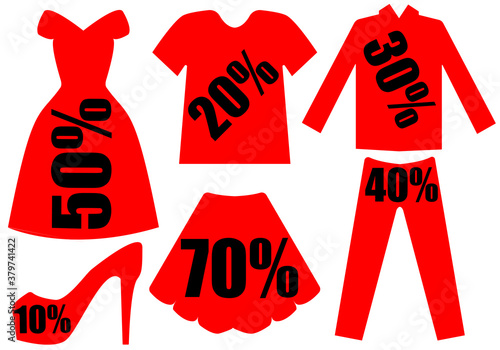 Etiquetas de descuentos con forma deprendas de ropa para las rebajas
