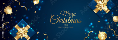 Merry Christmas and Happy New Year Holiday white banner illustration. Xmas design with realistic vector 3d objects, golden christmass ball, snowflake, glitter gold confetti.
